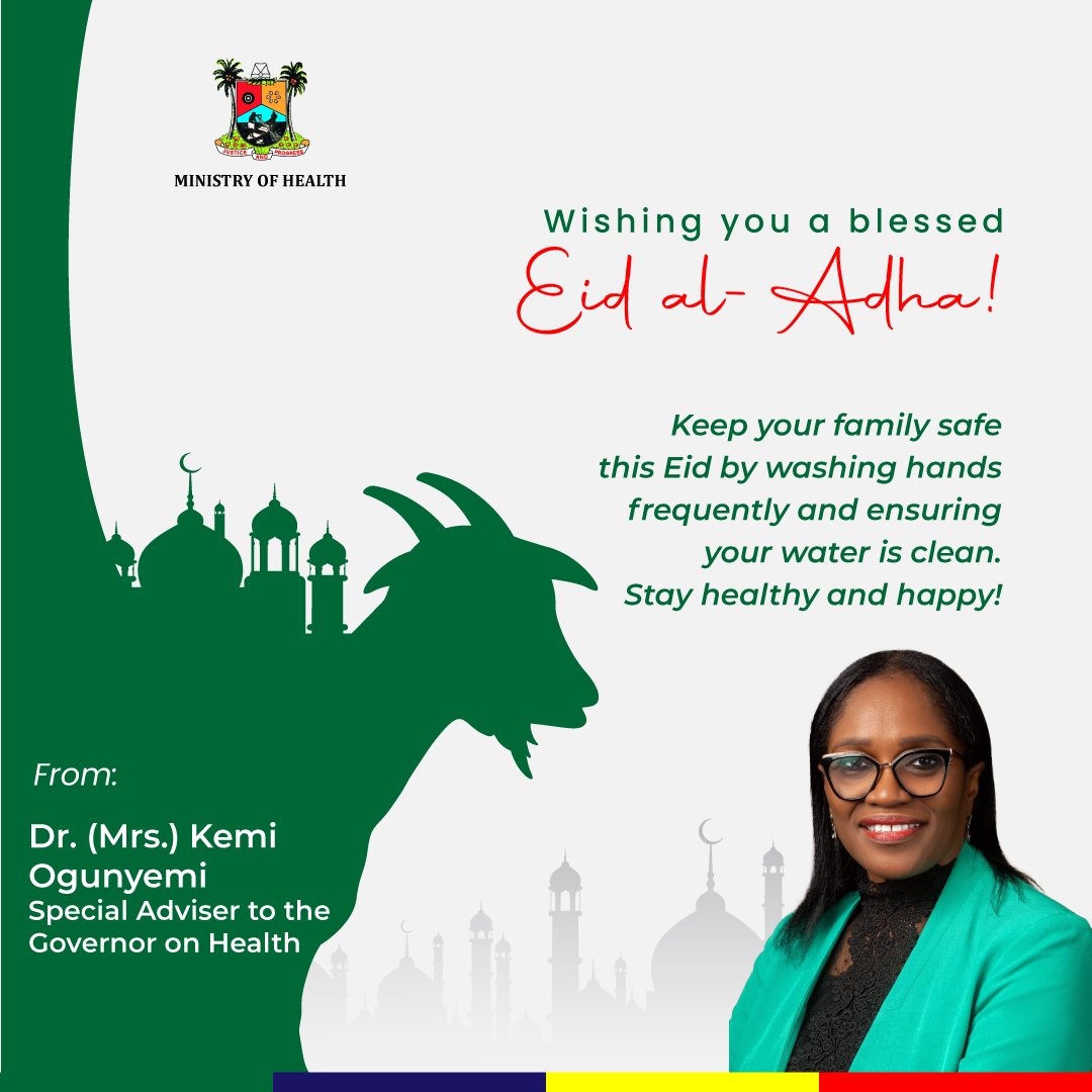 LSMOH's tweet photo. Eid al-Adha Mubarak!

As we celebrate, let’s also take care of our health. 
👉🏽 Wash your hands with soap and water
👉🏽 Boil water before drinking
👉🏽 Protect food from flies
👉🏽 Cook food properly
👉🏽 Dispose of waste properly.

Take responsibility for your health Stay safe, Lagos! https://t.co/M86ECSRadC