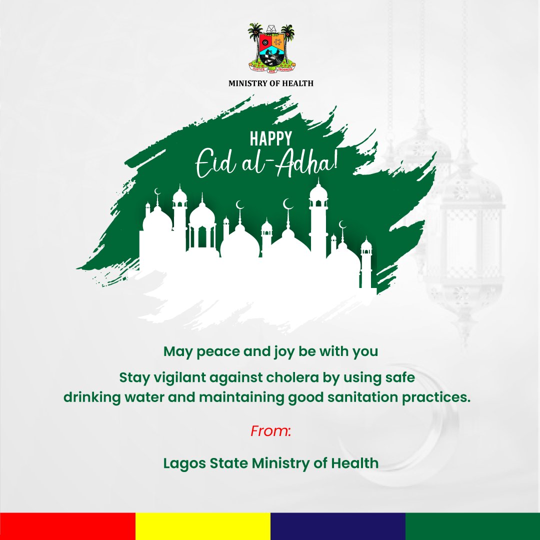 LSMOH's tweet photo. Eid al-Adha Mubarak!

As we celebrate, let’s also take care of our health. 
👉🏽 Wash your hands with soap and water
👉🏽 Boil water before drinking
👉🏽 Protect food from flies
👉🏽 Cook food properly
👉🏽 Dispose of waste properly.

Take responsibility for your health Stay safe, Lagos! https://t.co/M86ECSRadC
