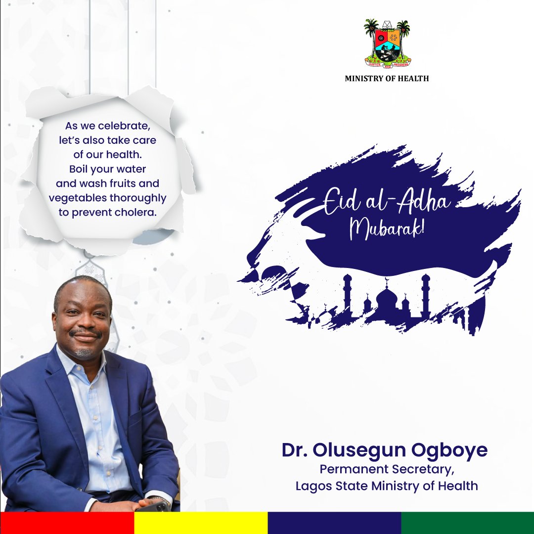 LSMOH's tweet photo. Eid al-Adha Mubarak!

As we celebrate, let’s also take care of our health. 
👉🏽 Wash your hands with soap and water
👉🏽 Boil water before drinking
👉🏽 Protect food from flies
👉🏽 Cook food properly
👉🏽 Dispose of waste properly.

Take responsibility for your health Stay safe, Lagos! https://t.co/M86ECSRadC