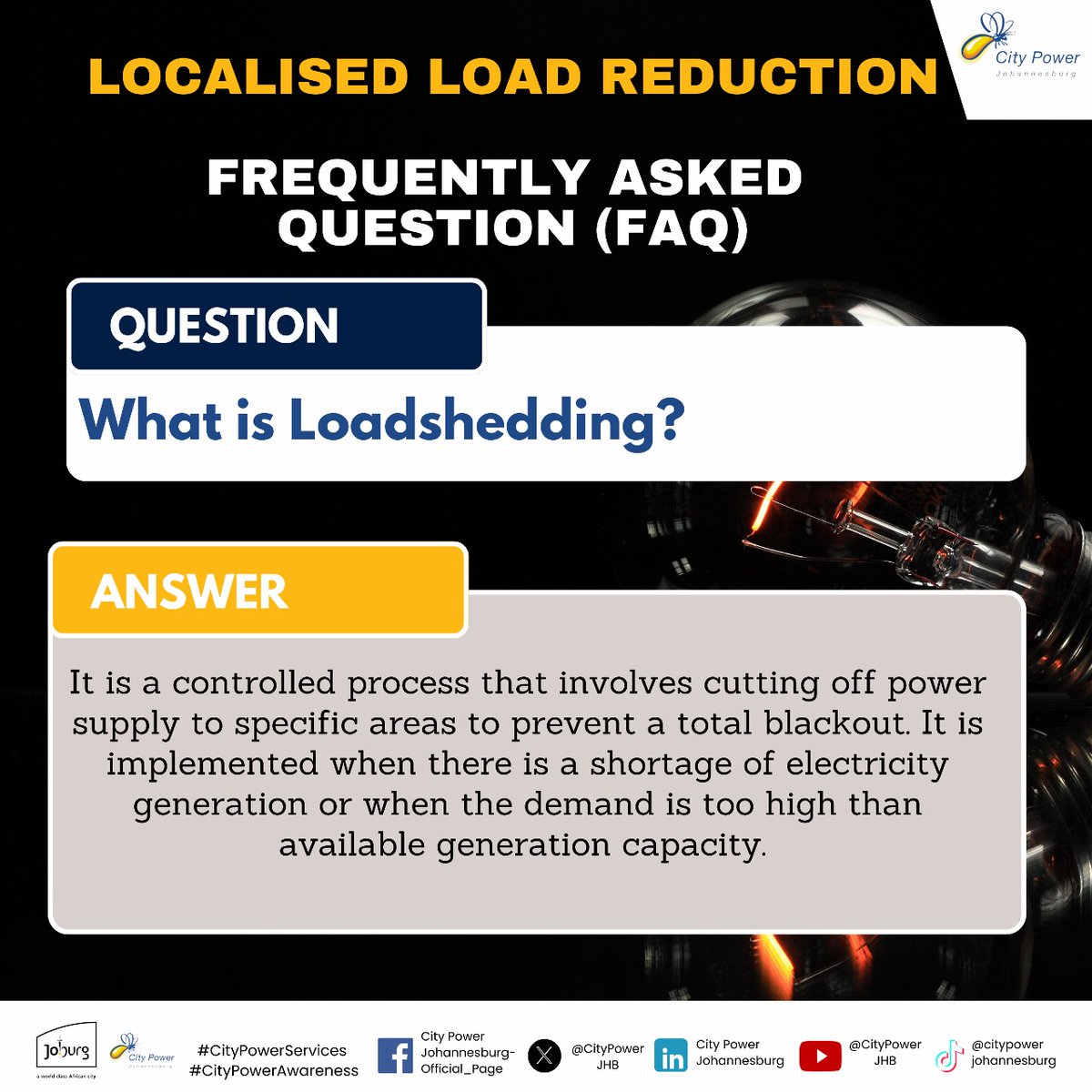 #CityPowerUpdates
#LoadReduction 

Dive into the FAQs about City Power's load reduction. Discover fascinating insights and stay informed!

To download the load reduction schedule and blocks, please visit our website: citypower.co.za/media-room/med….^KK