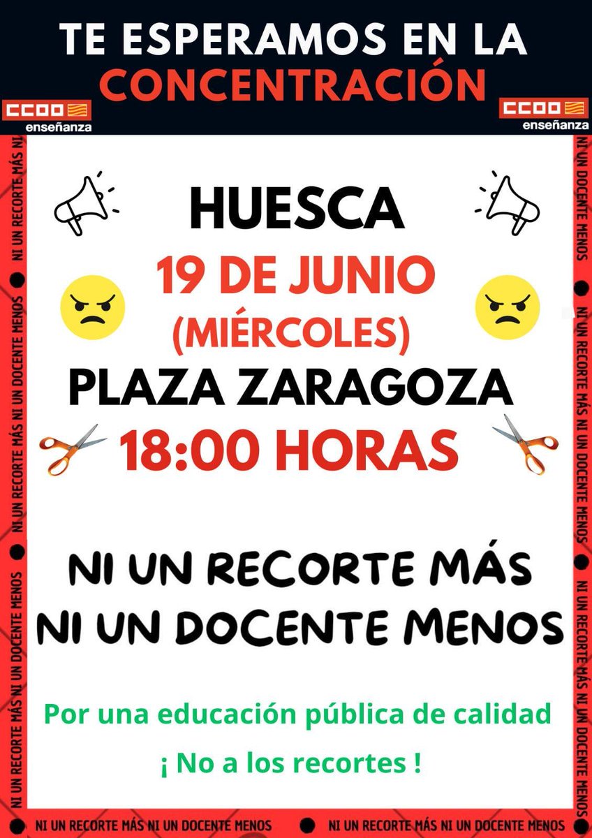 PCE_Huesca's tweet photo. 📢Desde CCOO convocan otra concentración el próximo 19 de junio a las 18h. en la Pza. Zaragoza de Huesca, contra los recortes de personal docente.

Nos sumamos a denunciar estos recortes que el Gobierno de Aragón está realizando.
#GastosMilitaresParaEscuelasYHospitales https://t.co/VImZnHTse5