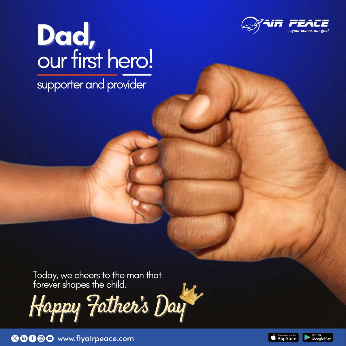 flyairpeace's tweet photo. To all our amazing fathers; our first heroes. To the ones who teach us that love is a verb, we celebrate you!
Happy Father’s Day from all of us at Air Peace💙
#FlyAirPeace #Father’sDay #CelebratingFather’sDay #BetterDealWithAirPeace https://t.co/LrbdMbL2AN