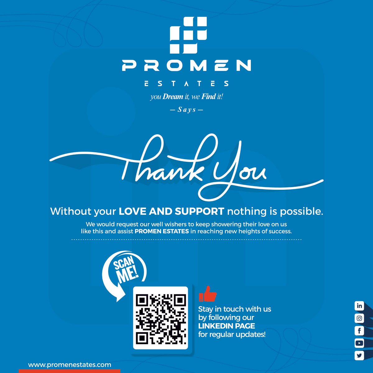 promenestates's tweet photo. Promen Estate would like to take a moment to thank our customers for the #love and affection. Keep #supporting us and Book your Dream #Commercial and #Residentailproperty in Noida NCR Today!
.
Follow us on Linkedin @promenestates for more updates!!!
.
.
#thankyou #PromenEstates https://t.co/Dyhpzyc2r9