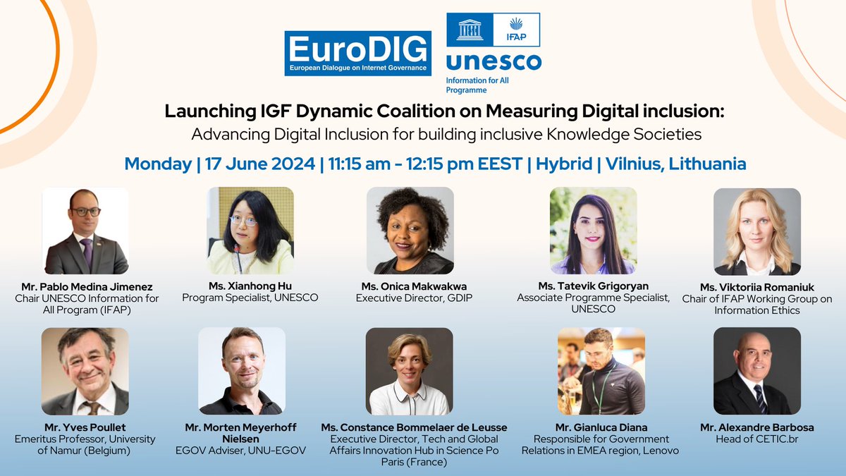 Join us tomorrow !#UNESCO #IFAP session  #EuroDIG2024 on 17 June  to launch #IGF DC measuring digital inclusion and discuss frontier digital technologies and inclusive knowledge societies. Let's build a fair digital future together! 

🔗 Register: shorturl.at/PZkxI