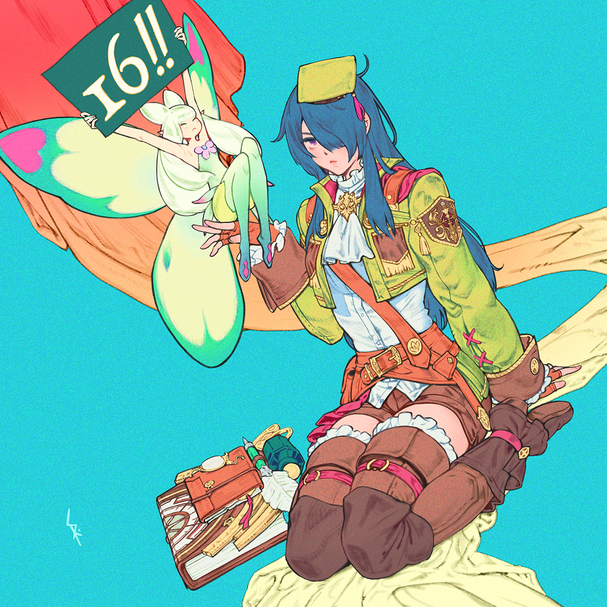 A Final Fantasy 14 illustration showing a scholar with long blue hair sitting on the floor with a codex next to her legs. She is wearing a green mortarboard, and green jacket, and brown boots. A faerie with green and pink wings sits atop her right hand, holding up a green sign with the number 16 on it. 16 days to go until Dawntrail.