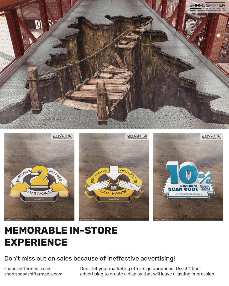 shapeshiftergfx's tweet image. ssm.li Don't let your marketing efforts go unnoticed. Use 3D floor advertising to create a display that will leave a lasting impression. #experientialmarketing #vinylfloorgraphics #merchandising #shopperinsights #3dfloorgraphics #instoreevents #retailstrategy #f