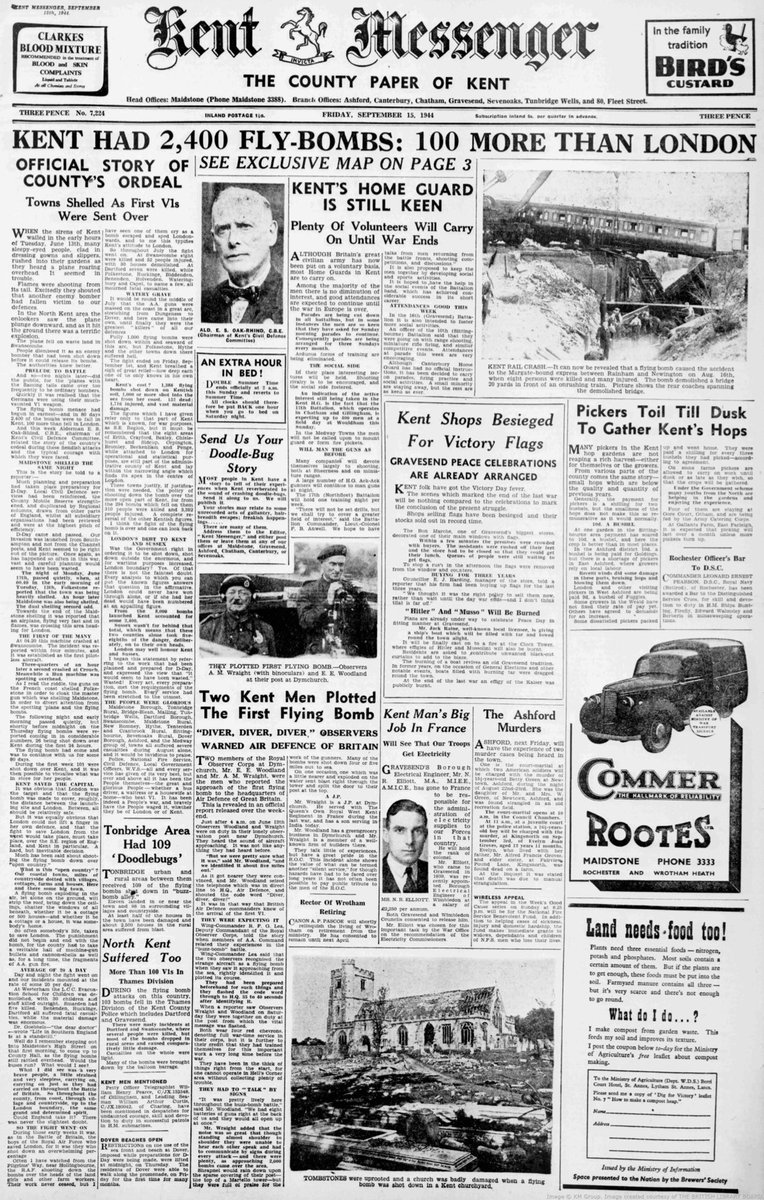 TimescapesKent's tweet photo. #ShadowOverEngland
Kent Messenger Friday 15th September 1944 published a map entitled
“WHERE THE “DOODLE BUGS” CRASHED IN KENT
The Flying Bomb campaign would last until April 1945 when the last one came down on the foreshore at Iwade in north Kent.
#V1 https://t.co/tXOEnE54g4