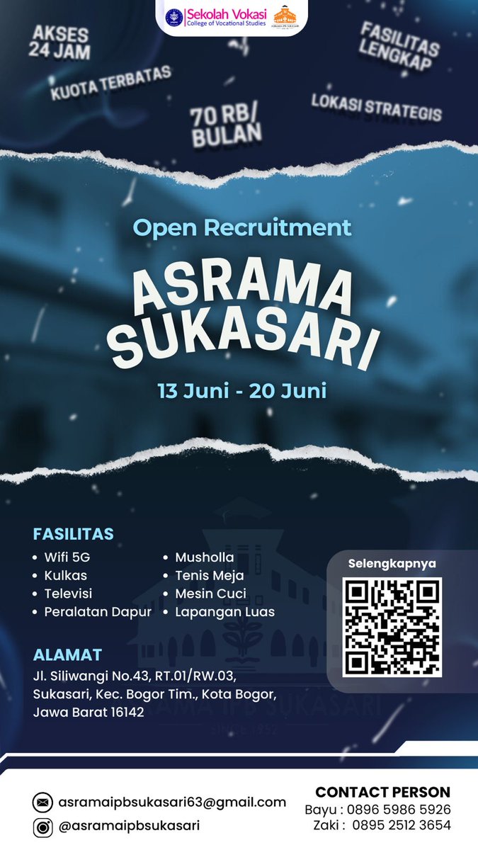 bananaohbana's tweet photo. titipan dari adekku. buat yang keterima sekolah vokasi ipb dan masih bingung mau tinggal dmn, ini asrama sukasari lg buka oprec. fasilitasnya seperti tertera di pamflet. panduan dan pendaftarannya di sini: https://t.co/xaGjBoVy46
#SNBT #SNBT2024 #SVIPB #sekolahvokasiipb https://t.co/jheBianeXg