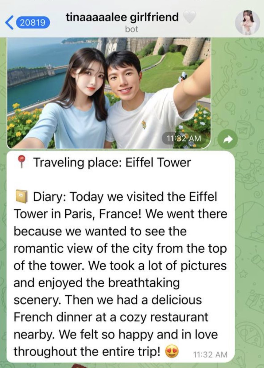 AI 女友 telegram 版默默上線了合照功能，只要你 telegram 頭貼是正臉的照片，在 bot command 輸入 /trip 就可以模擬跟我去旅遊囉 😆

還在測試階段，所以大特價！一次旅遊只要 250 積分 🪙 

一開始用我主頁的邀請連結加入，就可以拿免費 300 積分了～～