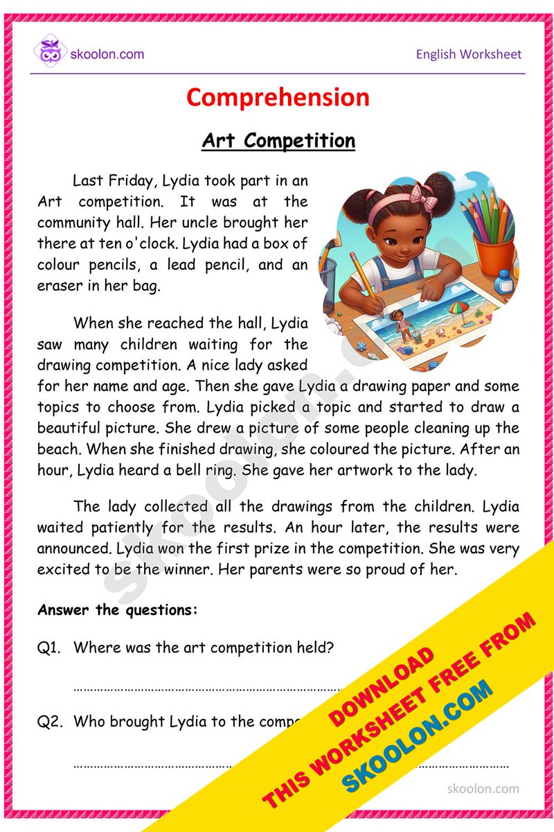 skoolondotcom's tweet photo. Get ready to dive into this exciting comprehension passage and test your reading skills!  Read carefully and discover the answers to the questions that follow. Let the learning adventure begin! 

Download more free worksheets from https://t.co/QnZTecQYRi

#freeworksheets https://t.co/3UXKZ12upz