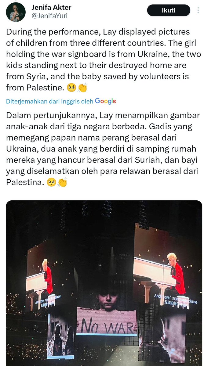 starfess's tweet photo. -star Lay bawain lagunya yang berjudul "Human in You". Di mana gambar-gambar yang ditampilkan dari tiga negara yang berbeda (Ukraina, Suriah, dan Palestina) 🥺🥹 https://t.co/7paBJNyKVo