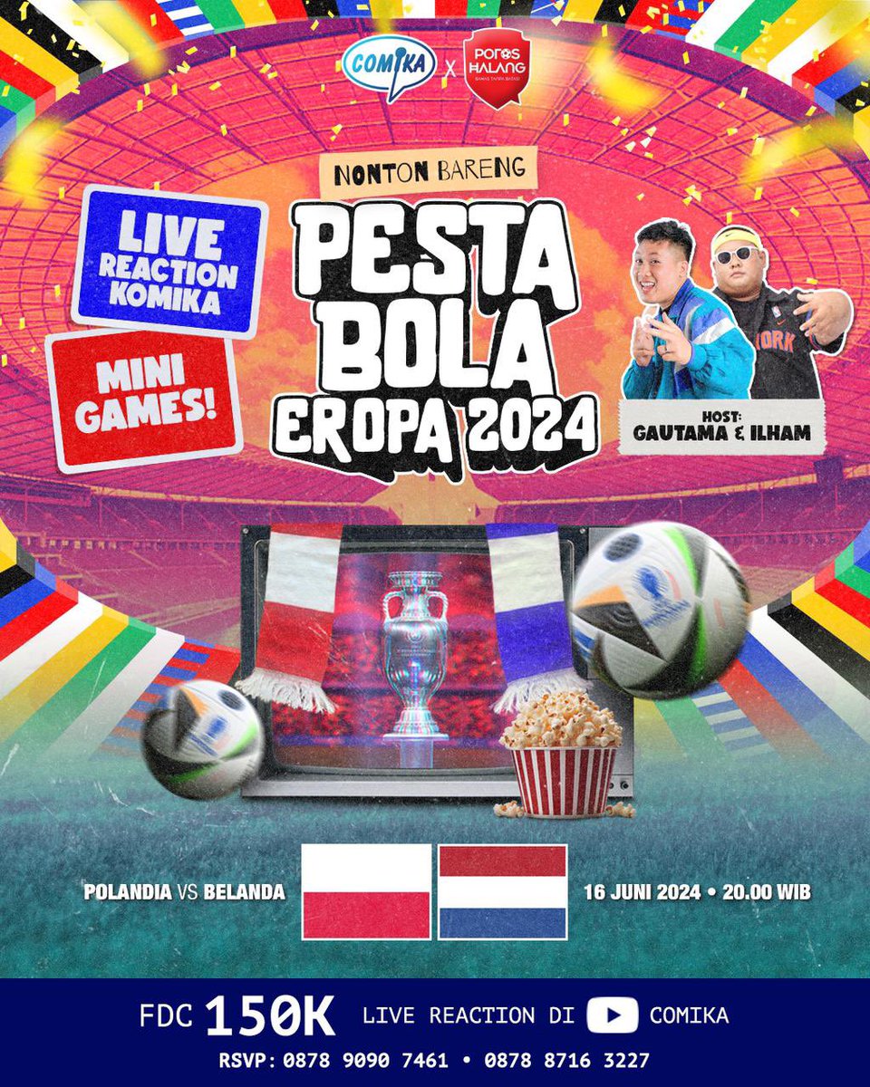 Prediksi malam ini dong suhu?? 

Jangan ketinggalan buat ikutin keseruan live reaction Nonton Bareng Pesta Bola Eropa 2024 di Youtube Comika ya!