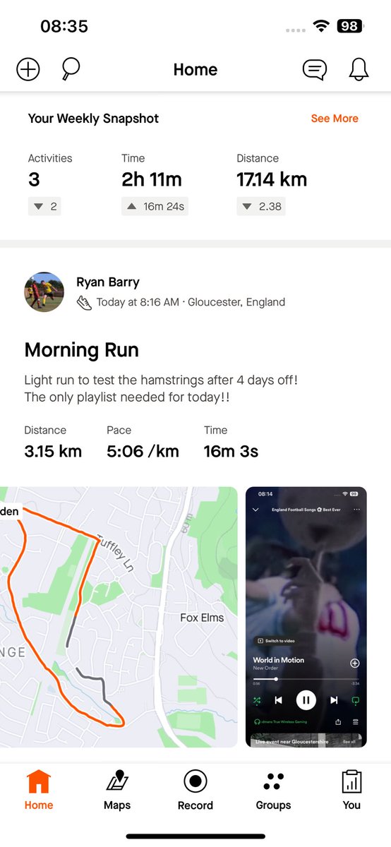 Sunday morning hamstring test. The only playlist needed for today. #worldinmotion #England
