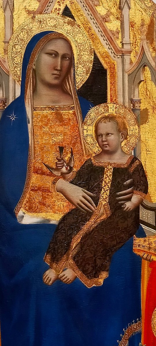 UffiziGalleries's tweet photo. La Vergine in trono tiene in braccio il piccolo Gesù con un cardellino in mano, per alcuni simbolo dell'anima, per altri prefigurazione della Passione. Evidente l'omaggio a #Giotto di Taddeo Gaddi, che realizzò quest'opera di una ricchezza decorativa straordinaria, nel 1355. https://t.co/YkaszOIjgL