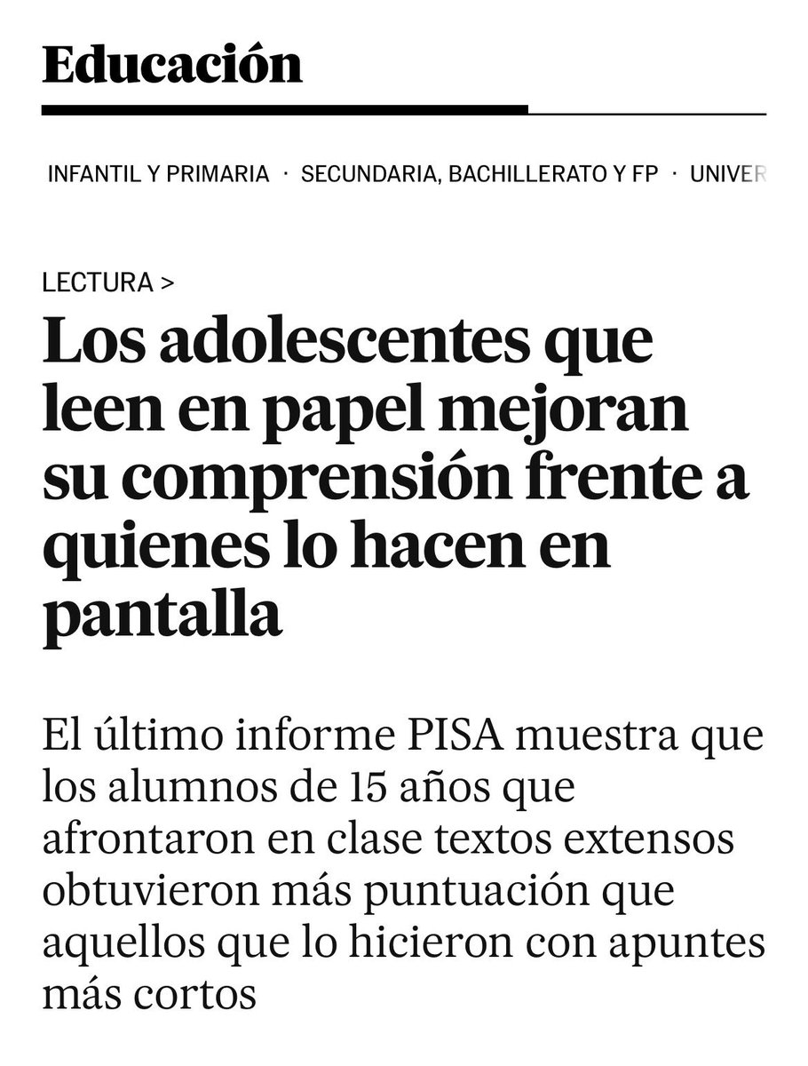 El último informe PISA muestra que los alumnos de 15 años que afrontaron en clase textos extensos obtuvieron más puntuación que aquellos que lo hicieron con apuntes más cortos. Un artículo de hace tiempo en elpais.com/educacion/2021…