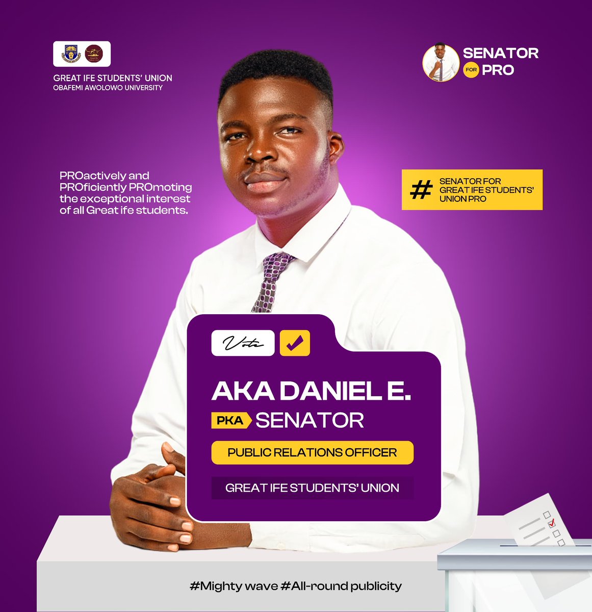 SENATOR_MEDIA_'s tweet photo. ■ Maintaining strongly, a positive image of our union at all times.
■ Effectively communicating and disseminating information to the union members.
■ Fostering a culture of Inclusivity and diversity.
VOTE SENATOR FOR GREAT IFE STUDENTS UNION PRO
#SENATORFORSUPRO
#Mightywave https://t.co/kd1P9KRKXA