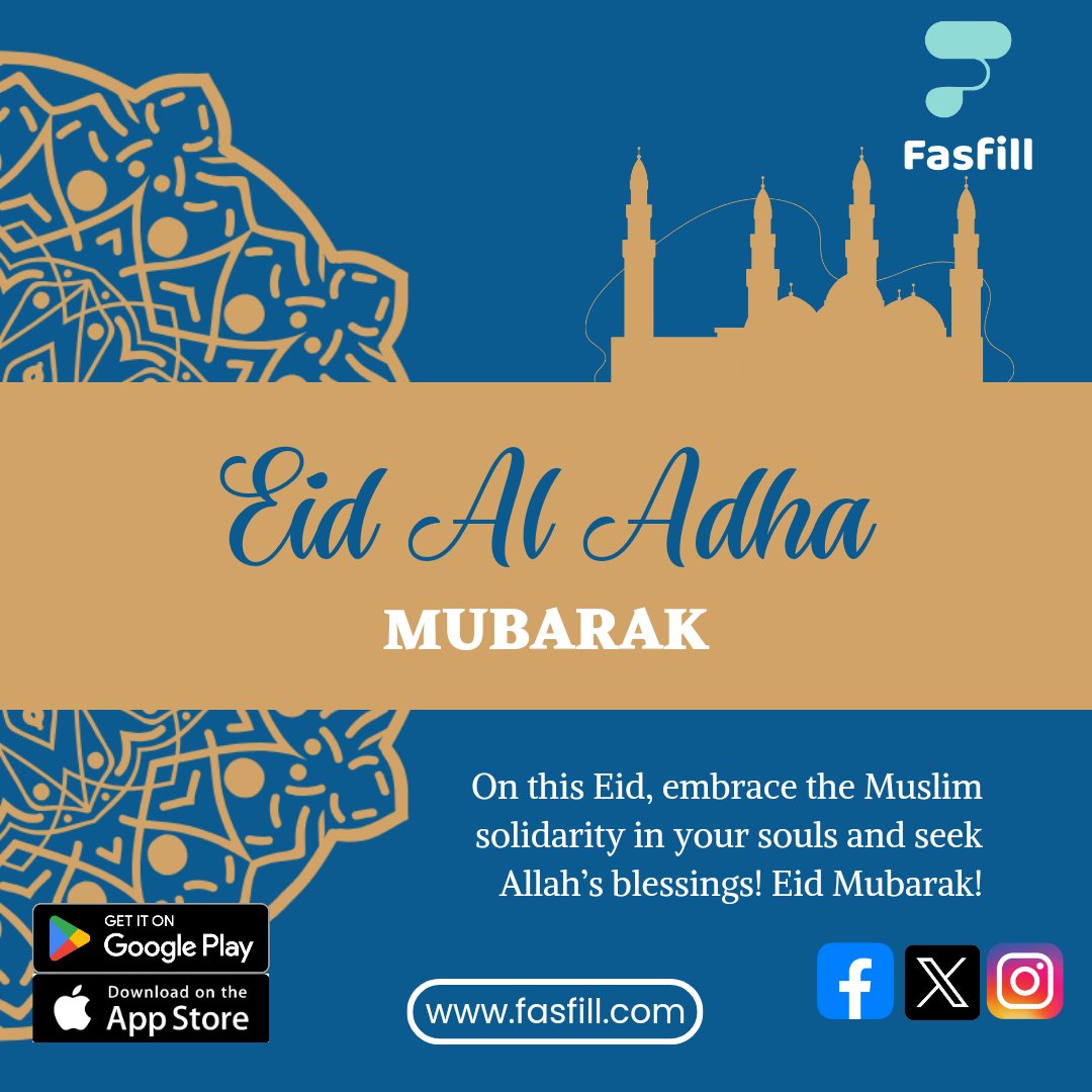 Eid Mubarak from Fasfill! 🌙✨ May your day be filled with joy, peace, and celebration. Create lasting memories and share the happiness with your loved ones. #EidMubarak #Fasfill