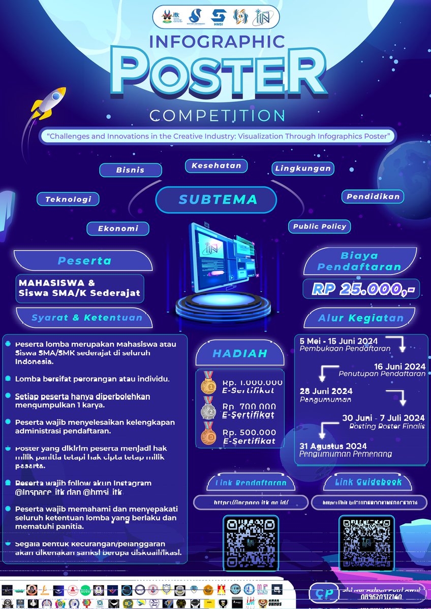 inspace_itk's tweet photo. [INSPACE 2024: EXTEND DESAIN POSTER INFOGRAFIS]

Halo sobat INSPACE!🙌🏻🚀
Ada kabar baik nih, untuk kalian yang belum sempat mendaftar lomba DESAIN POSTER INFOGRAFIS, masih ada kesempatan nih, karena pendaftarannya diperpanjang hingga tanggal 18 Juni 2024‼️
Yuk segera daftar😆✨ https://t.co/X0EW9hXFix