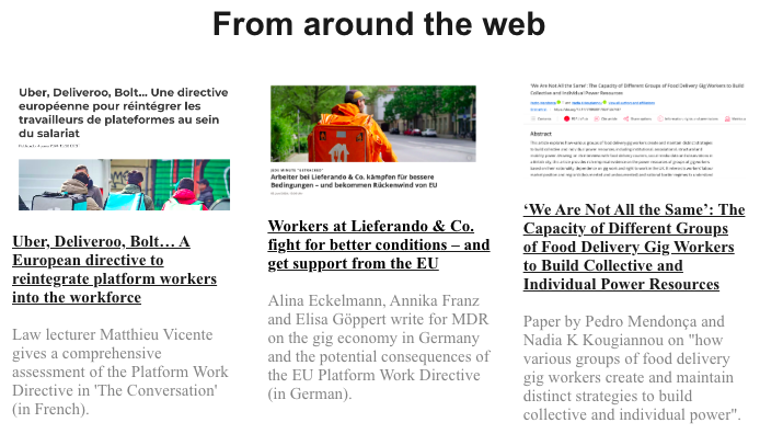 The Gig Economy Project (@project_gig) on Twitter photo Around the web:
- <a href="/Mj_vnl/">Matthieu Vicente</a> on Platform Work Directive theconversation.com/uber-deliveroo…
- Piece in <a href="/mdrde/">mdrde</a> on Germany's platform economy and the EU Directive mdr.de/nachrichten/de…
- <a href="/PedMendo/">Pedro Mendonça</a> & @NadiaKougiannou paper on how different groups of riders build power journals.sagepub.com/doi/10.1177/09… Around the web:
- <a href="/Mj_vnl/">Matthieu Vicente</a> on Platform Work Directive theconversation.com/uber-deliveroo…
- Piece in <a href="/mdrde/">mdrde</a> on Germany's platform economy and the EU Directive mdr.de/nachrichten/de…
- <a href="/PedMendo/">Pedro Mendonça</a> & @NadiaKougiannou paper on how different groups of riders build power journals.sagepub.com/doi/10.1177/09…