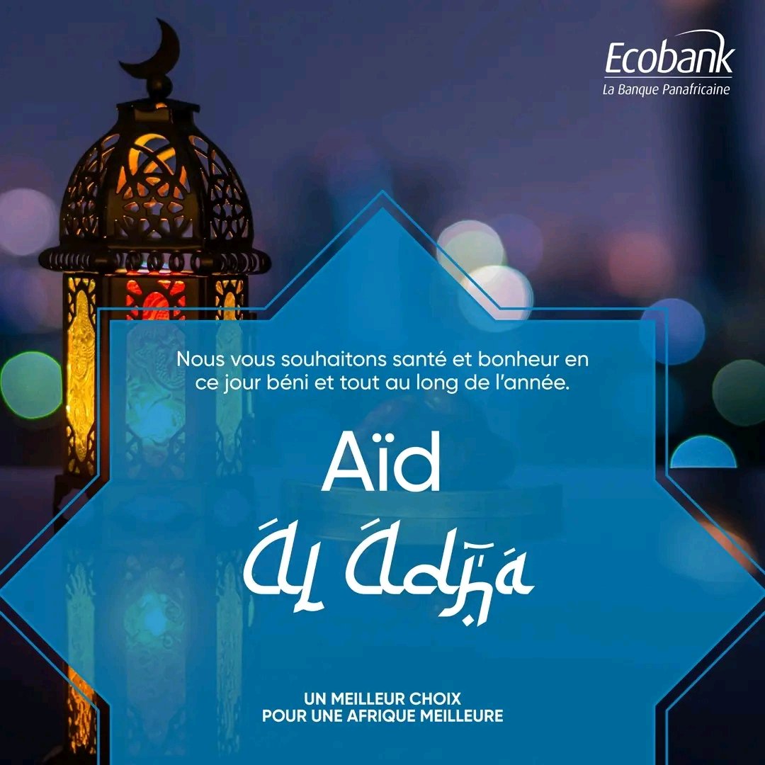 EcobankTd's tweet photo. Aïd Al -Adha Moubarak
Ecobank Tchad vous souhaite santé et bonheur en ce jour béni et tout au long de l'année. 

Bonne fête de la Tabaski !
 #Tabaski2024 #UnMeilleurChoix https://t.co/OEUZRoljKl