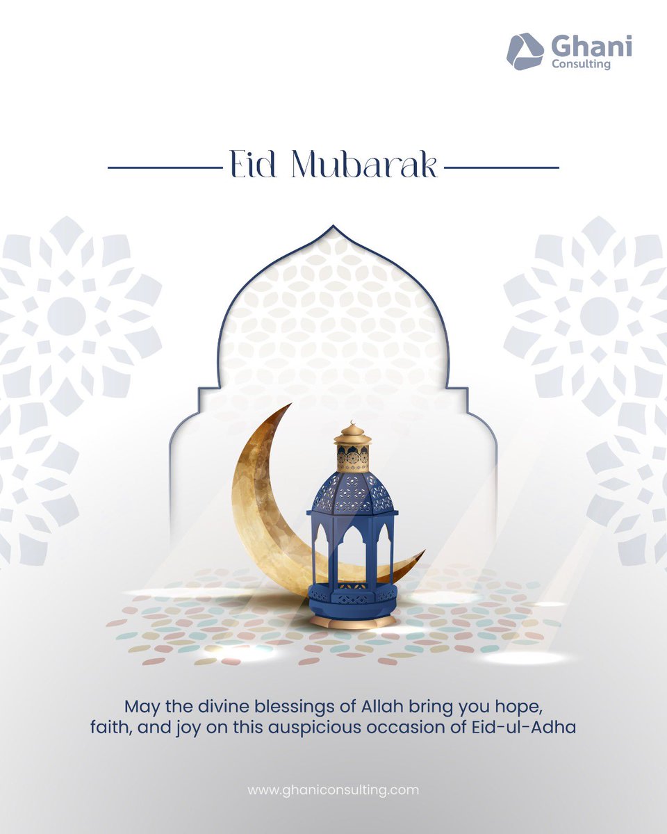 ghaniconsulting's tweet photo. Eid Mubarak! ðŸŒ™âœ¨ As we celebrate Eid al-Adha, let's reflect on the values of sacrifice, compassion, and togetherness. May your day be filled with joy, love, and meaningful connections. Cherish the moments with family and friends, and spread kindness wherever you go. https://t.co/4S8pzc1IQE