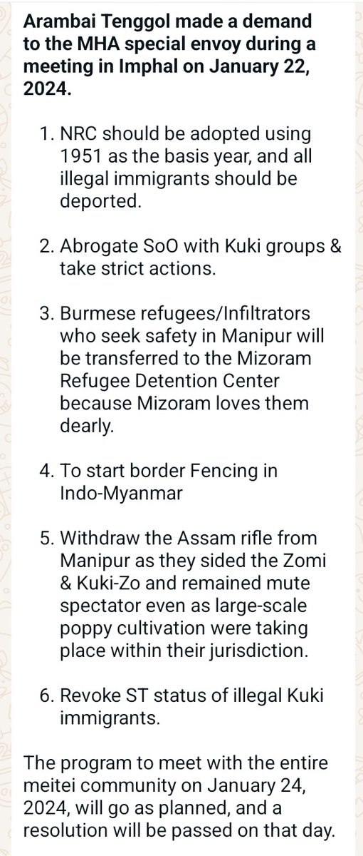 meiteiheritage's tweet photo. Dear @chauhan_shokin

As a respected veteran, kindly stick to facts and not propaganda (Video 1)  Refer Facts Pic 1 and English Translation Pic 2. Tell me which one of the demands is against India and in National interest.

As a man in uniform, do you support:

1. Indians or #Kuki #IllegalImmigrants from #Myanmar 

2. Implementation of #NRC and deporting illegal immigrants.

3. Abrogate #SoO with Kuki groups & take strict actions for violating #SoO conditions 

4.  Border Fencing in Indo-Myanmar (@AmitShah has announce this. Do you oppose this? 

5. Action against large-scale poppy cultivation in #Manipur.

It lowers the dignity of the institution you represent and among your own fraternity (Pic 4).

@VeteranLNSingh @pushkal_dwivedi @MNageswarRaoIPS @ANI @manipur_police @official_dgar @easterncomd @AbhijitChavda 
@TheIndianJosh @ajeetbharti @OpIndia_com @pGurus1 @DivyaSoti @RituRathaur