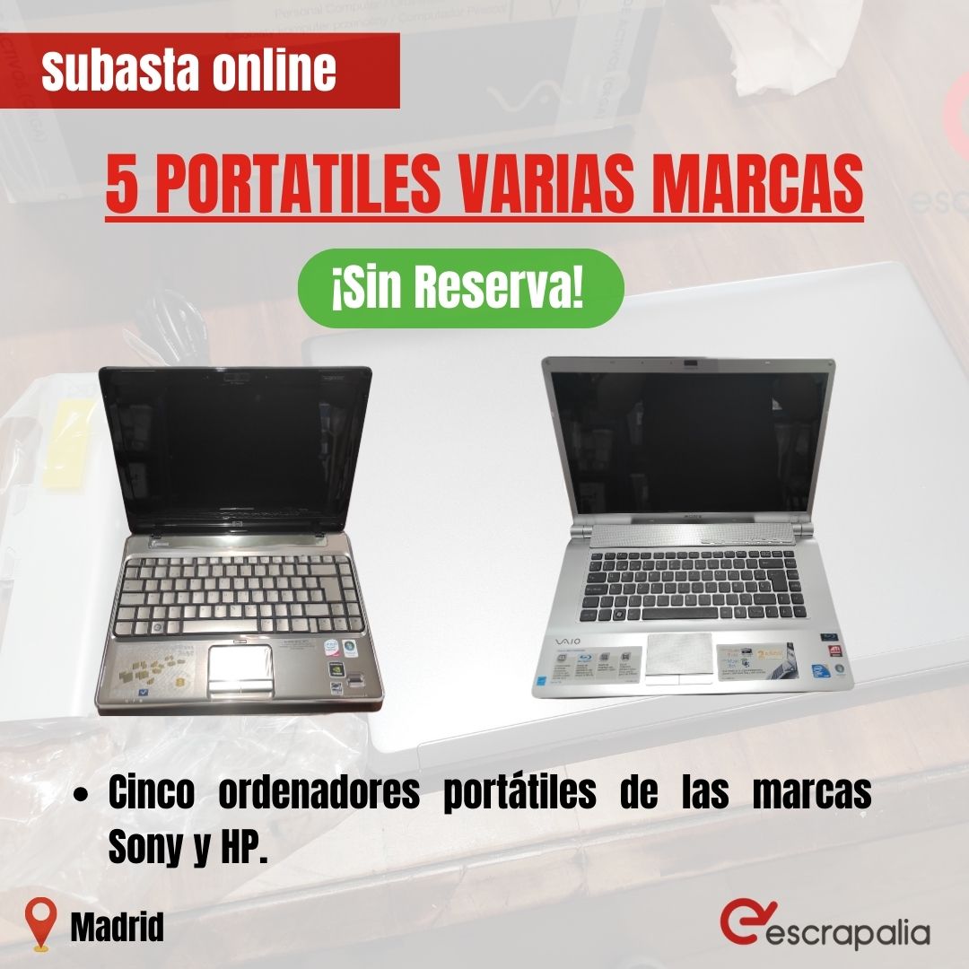 🔔 ¡Subasta de equipos informáticos! 💻✨ Lote conformado por 5 portátiles de las marcas HP y Sony. No te pierdas está oportunidad y puja por todos desde el siguiente enlace: bit.ly/4bZAfJ4 

#SubastaOnline #Portátiles #HP #SonyVAIO #Tecnología