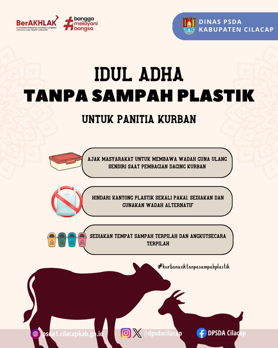 dpsdacilacap's tweet photo. Yuk #sobatPSDA hindari penggunaan plastik saat berkurban. Dan jangan lupa untuk tidak membuang sampah sembarangan. Sampah yang dapat didaur ulang selanjutnya dikerjasamakan dengan Bank Sampah / Masyarakat / Komunitas pendaur ulang sampah terdekat, https://t.co/kWO1tZiyvL