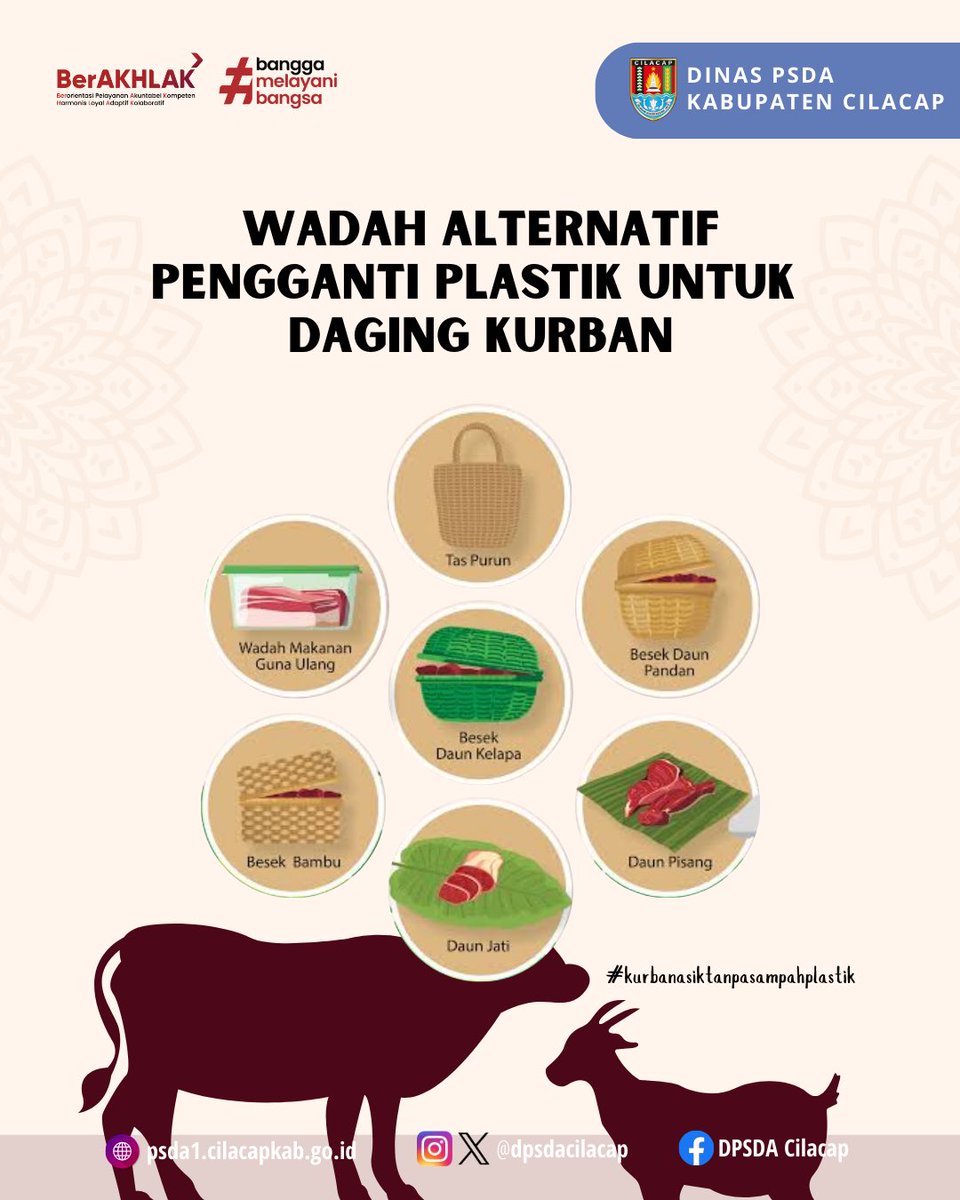 dpsdacilacap's tweet photo. Yuk #sobatPSDA hindari penggunaan plastik saat berkurban. Dan jangan lupa untuk tidak membuang sampah sembarangan. Sampah yang dapat didaur ulang selanjutnya dikerjasamakan dengan Bank Sampah / Masyarakat / Komunitas pendaur ulang sampah terdekat, https://t.co/kWO1tZiyvL