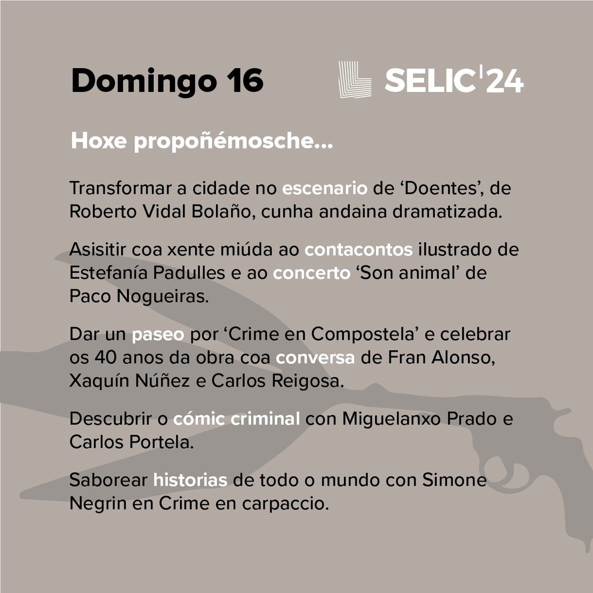 😅 Todo o bo remata! Non vos pasaron voando os últimos nove días? A nós si! 🥹 Pero aínda nos queda unha última xornada moi criminal para despedir a SELIC. Vide celebrar con nós o 'Crime en Compostela' 🔫

📅 7-16 Xuño | 📌 Na Quintana | 📲 selic.gal