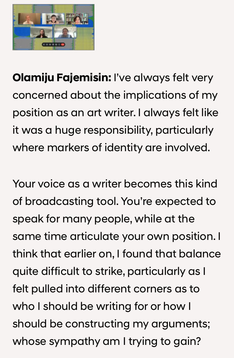 Lucy2Scribbles's tweet photo. Musing on #artswriting, research, and who we write for w #KiraXonorika, #OlamijuFajemisin, @AndrewRusseth in this #ArtLabEditorialFellowship roundtable — much here I found humbling and inspiring ✨https://t.co/f899enxNg1 https://t.co/gz2FbZvUTS