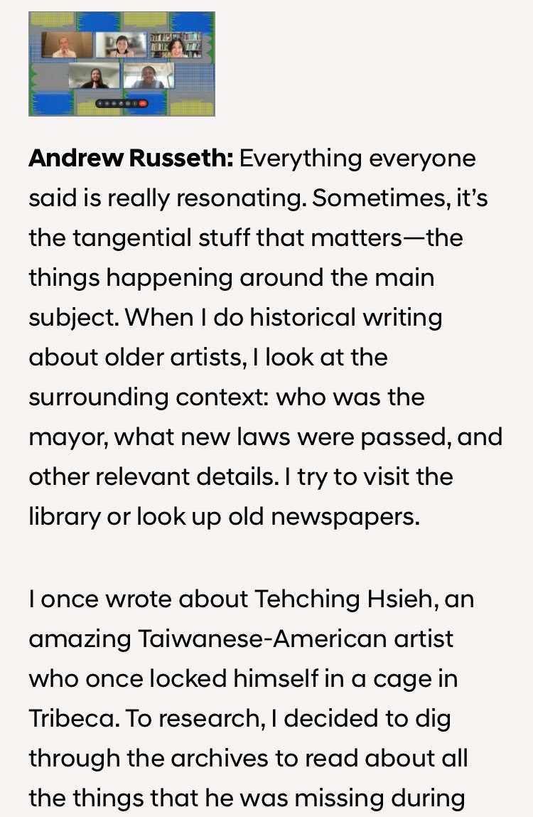 Lucy2Scribbles's tweet photo. Musing on #artswriting, research, and who we write for w #KiraXonorika, #OlamijuFajemisin, @AndrewRusseth in this #ArtLabEditorialFellowship roundtable — much here I found humbling and inspiring ✨https://t.co/f899enxNg1 https://t.co/gz2FbZvUTS
