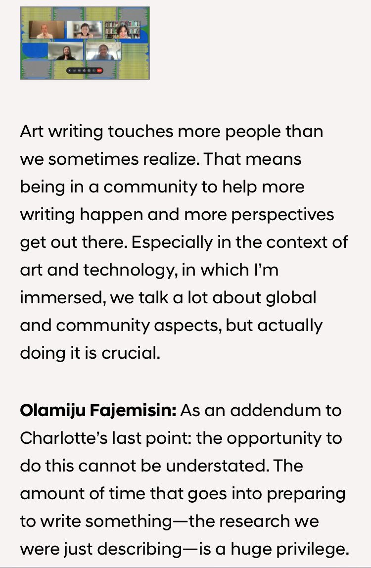 Lucy2Scribbles's tweet photo. Musing on #artswriting, research, and who we write for w #KiraXonorika, #OlamijuFajemisin, @AndrewRusseth in this #ArtLabEditorialFellowship roundtable — much here I found humbling and inspiring ✨https://t.co/f899enxNg1 https://t.co/gz2FbZvUTS