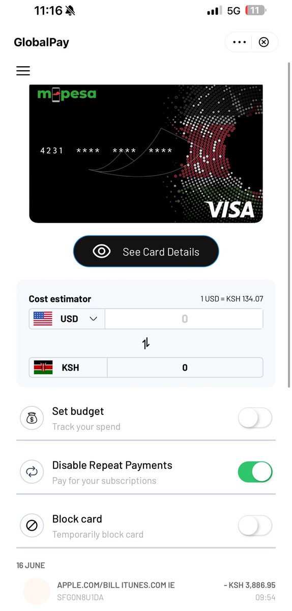 KhalifKairo's tweet photo. Safaricom has a nice “virtual card” service despite having a shitty app which you can use for repeat payments. Its alot safer than using cards linked to bank accounts for online services.
Its a debit card, linked to your mpesa. Ndo nmetumia kusort elon and it works well😃 https://t.co/ZethHmzM9E