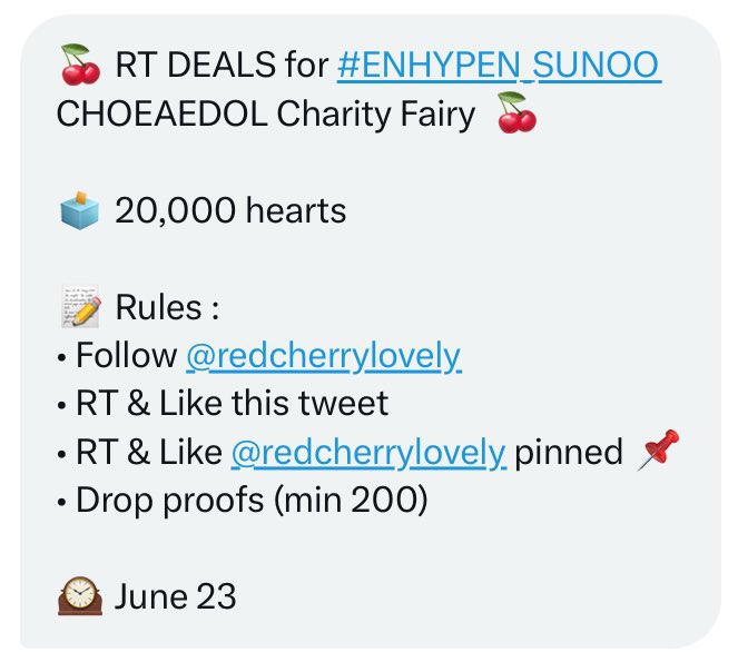 🍒 RT DEALS for #ENHYPEN_SUNOO CHOEAEDOL Charity Fairy  🍒

🗳️ 20,000 hearts

📝 Rules :
• Follow <a href="/redcherrylovely/">Red Cherry | SELL KPOP VOTES</a> 
• RT &amp; Like this tweet
• RT &amp; Like <a href="/redcherrylovely/">Red Cherry | SELL KPOP VOTES</a> pinned 📌
• Drop proofs (min 200)

🕰️ June 23