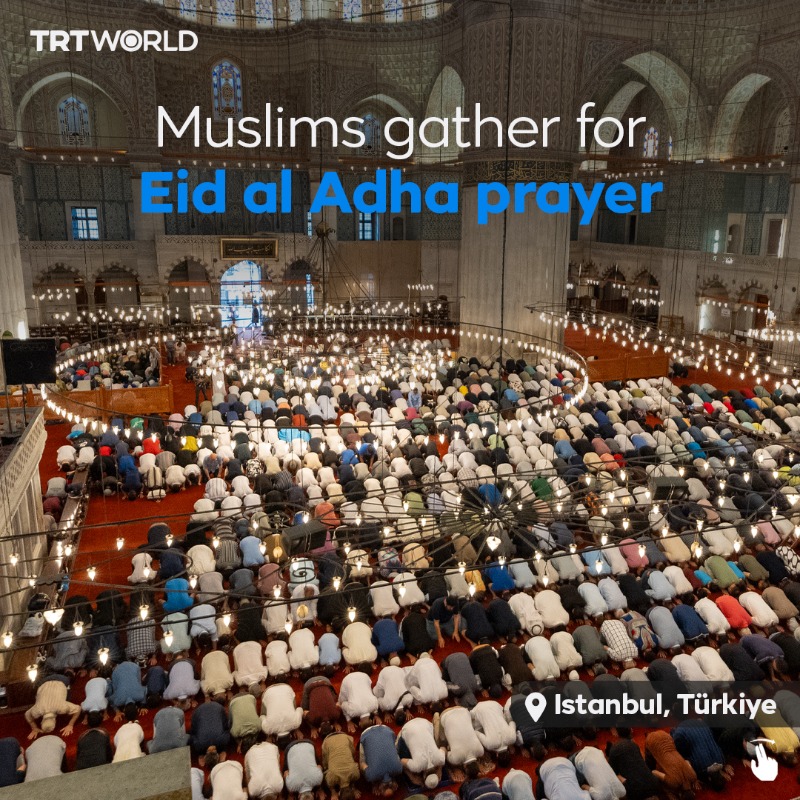 trtworld's tweet photo. Millions of Muslims around the world unite to perform the Eid al Adha prayer on June 16, kicking off celebrations for one of the two most important holidays in the Islamic calendar