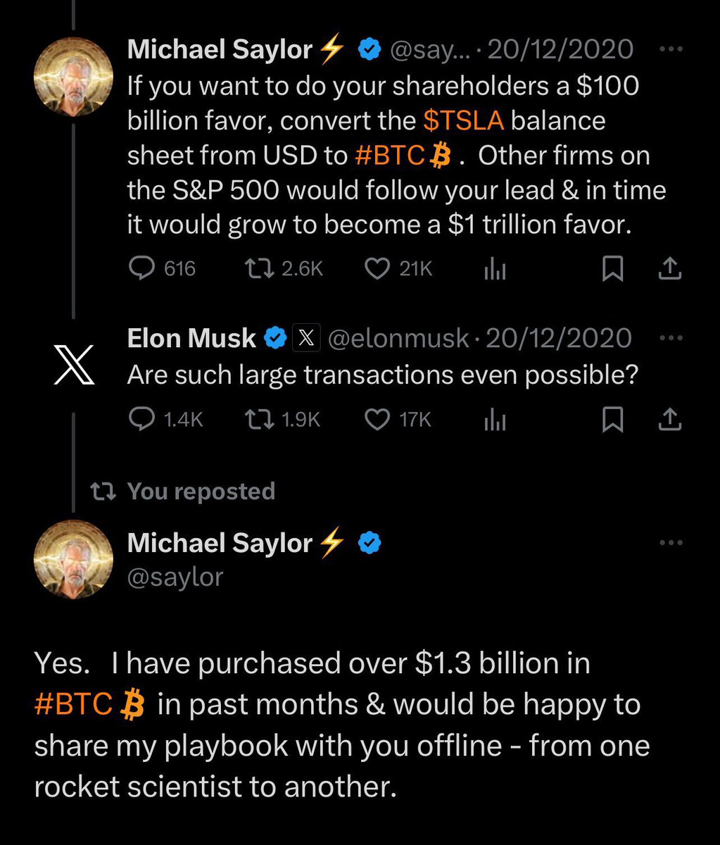 Saylor sharing MicroStrategy #Bitcoin playbook with Elon Musk in 2020 🤯