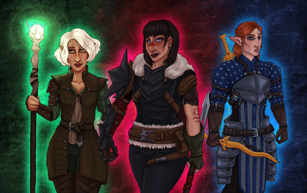 LavellanFae's tweet photo. With all the lovely snacks given to us with DAV decided to look at some old DA art I did and had to redraw my heroes of Thedas
The Inquisitor Fae Lavellan, the Champion Faith Hawke and the Warden Freya Tabris
Now I just cannot wait to put my Rook into the line with the rest https://t.co/zxCTs0UzXO