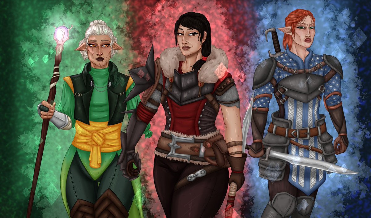 LavellanFae's tweet photo. With all the lovely snacks given to us with DAV decided to look at some old DA art I did and had to redraw my heroes of Thedas
The Inquisitor Fae Lavellan, the Champion Faith Hawke and the Warden Freya Tabris
Now I just cannot wait to put my Rook into the line with the rest https://t.co/zxCTs0UzXO