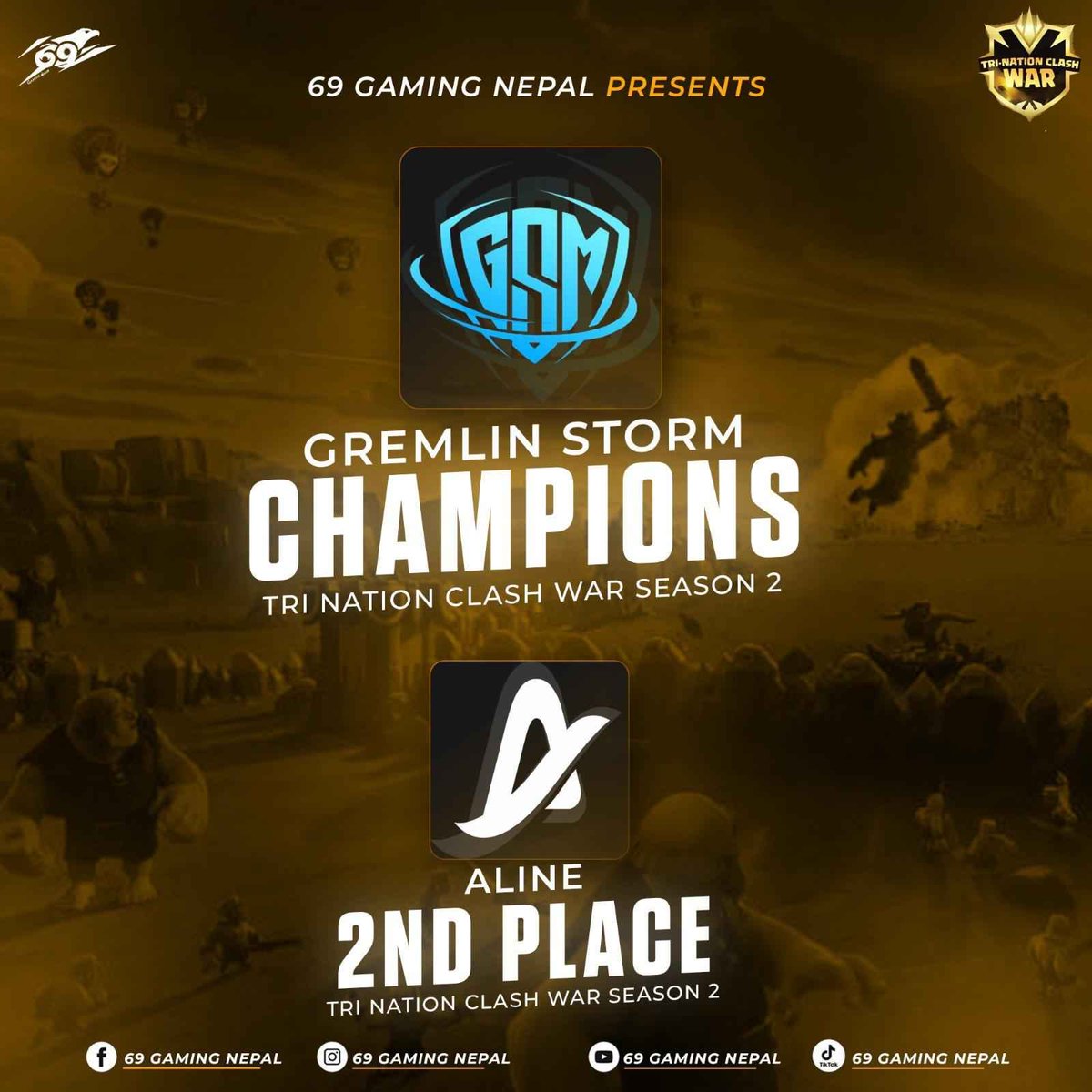 We secured 2nd position in the #TriNationClashWar S2. 

Thank you, #69GamingNepal, for organizing the event and GG to #GremlinStorm.