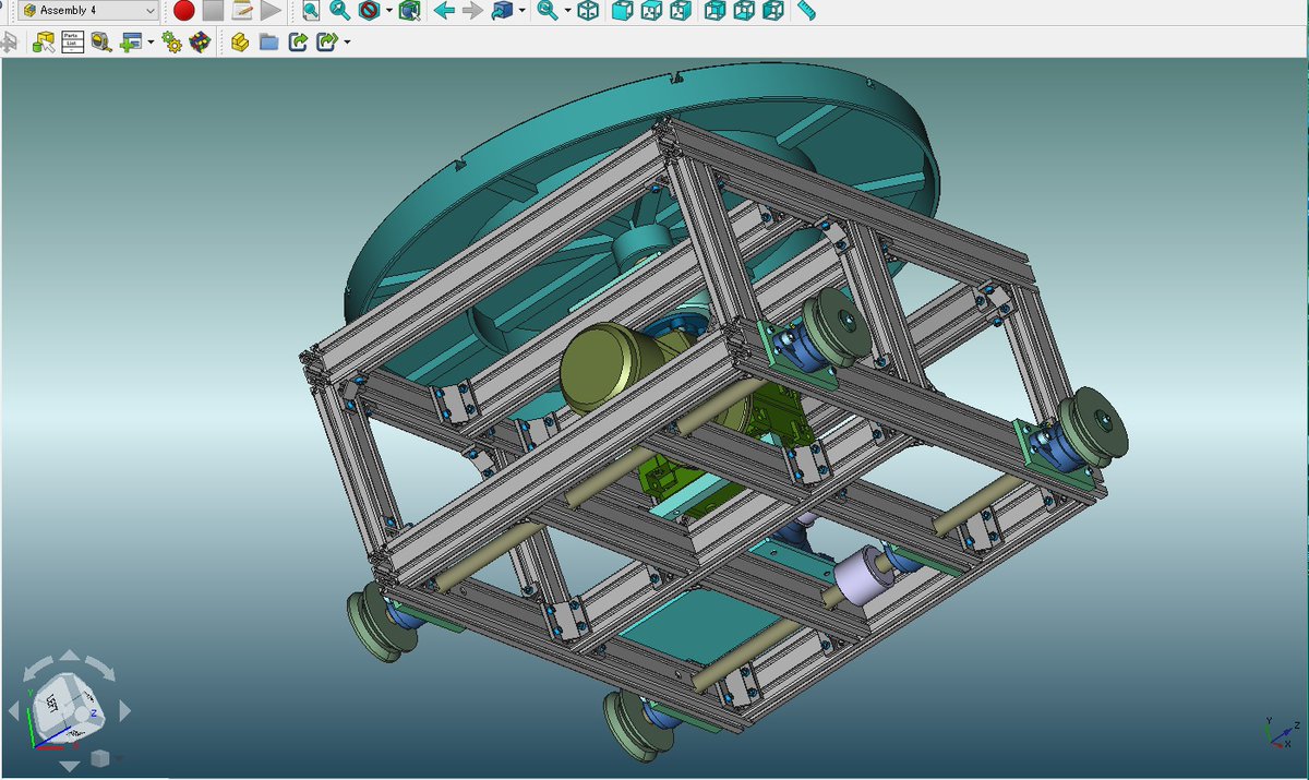 sy_paladin's tweet photo. #FreeCAD #Assembly4
空想メカ。
走行台車ターンテーブル装置。
駆動用のタイミングベルトは書いてありません。😅
走行レールは角鋼のエッジを利用します。🌴🌴 https://t.co/XE5vwvL17M
