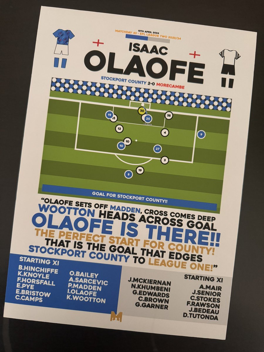 Last up in our L2 promotion giveaway series and it’s the champions #StockportCounty - follow @leagueonelook and <a href="/SK3TVPod/">SK3 TV</a>, and RT this post to be entered into a draw to win this amazing <a href="/MezzalaDesigns/">𝗠𝗲𝘇𝘇𝗮𝗹𝗮</a> print celebrating <a href="/tantss_o/">Tanto Olaofe</a>’s goal. Draw closes on Friday at 8pm 🎩 💙🏆