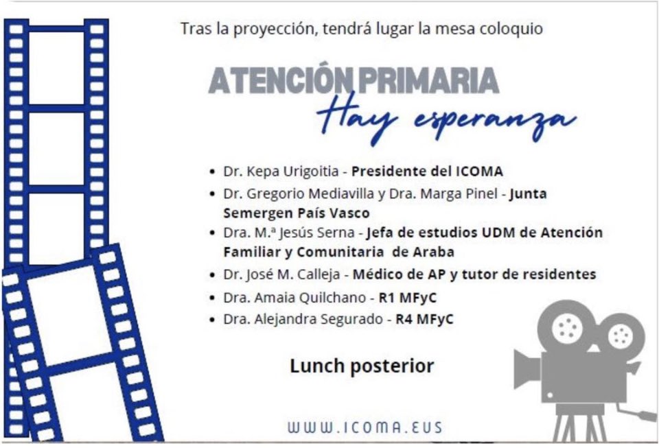 Proyección del
Documental "Cerca de Ti. Desde el corazón de la Atención Primaria" en Vitoria-Gasteiz 
25 de junio a las 18.30h en Salón de Actos del <a href="/icomalava/">Ilustre Colegio Oficial de Médicos de Araba/Álava</a>
<a href="/semergenpv/">SEMERGEN PAIS VASCO</a> <a href="/SEMERGENap/">SEMERGEN | Médicos de AP</a> 
#CercadeTiAP #CercadeTi