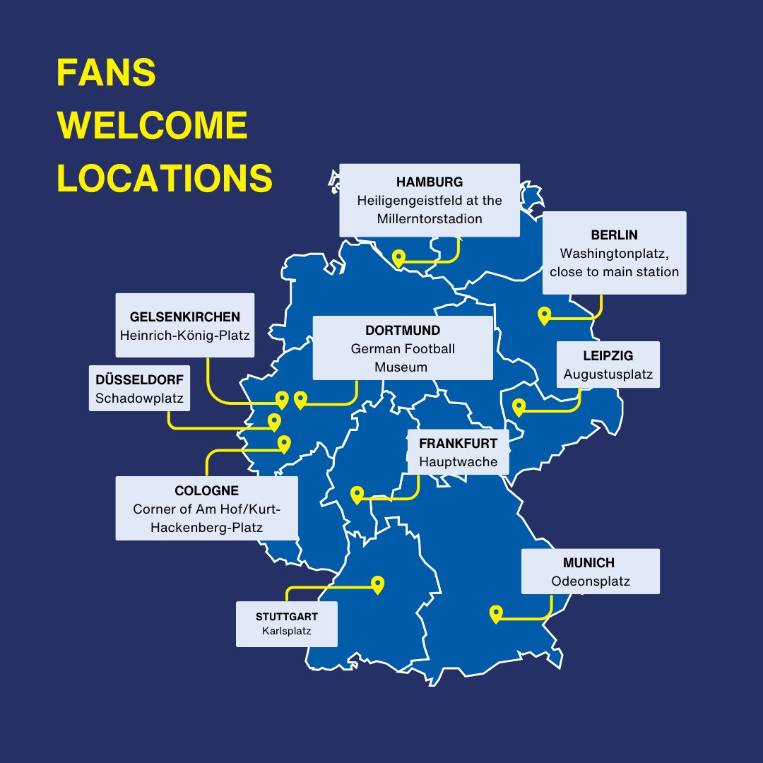 FANS_WELCOME_'s tweet photo. If you need support during EURO 2024, visit our Fans Support Hubs. They are located in central locations in each Host City and open around the match days. The local fan project staff will help you with any problems.

#euro24 #EURo2024 #fansupport #fans #fanswelcome #hostcity https://t.co/OLAisjYccb