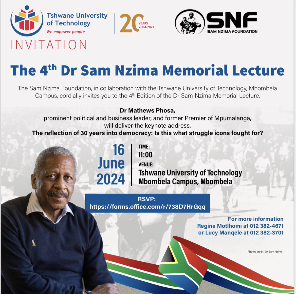 Official_TUT's tweet photo. Hey TUT Fam
The day has arrived!.The struggle for democracy didn't end with apartheid. Join us at the Sam Nzima Memorial Lecture we discuss the ongoing battles for economic freedom, land reform, and social justice.
#SamNzima
#TUT #FromGood2Great #YouthDay https://t.co/zKL2mrGSoT