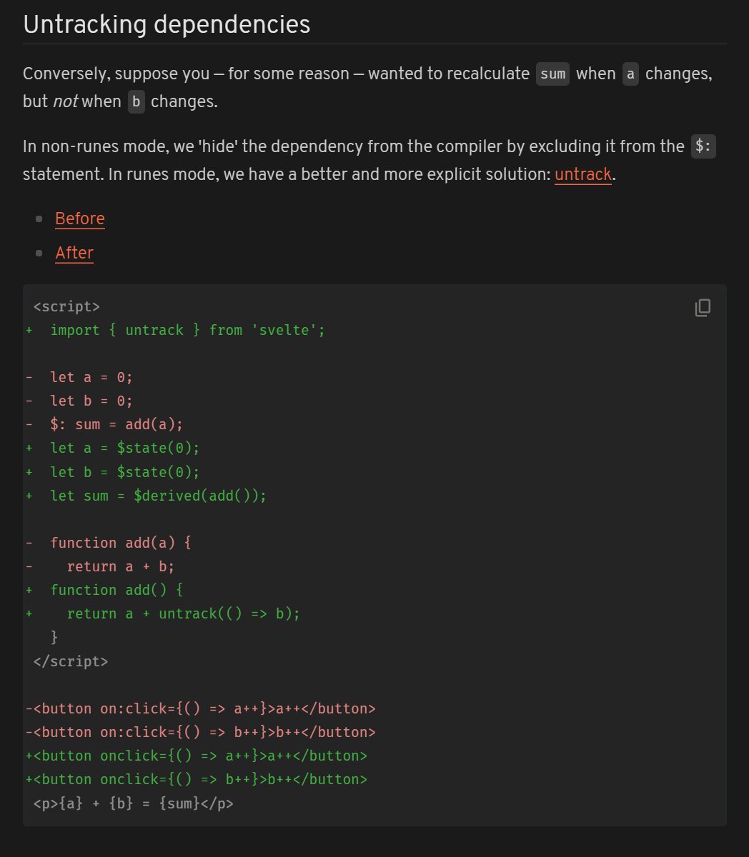 BadGifter's tweet photo. Reading svelte 5.0 docs. Excited for runes, but I am a bit confused how we went from simplistic easy to understand svelte 4.0, to this 5.0 style. Was doing a+b not simple enough? Now we need to remember a + untrack( () ) - Nesting funcs 😇. @sveltejs #svelteisreactnow https://t.co/66MiDNzB6p