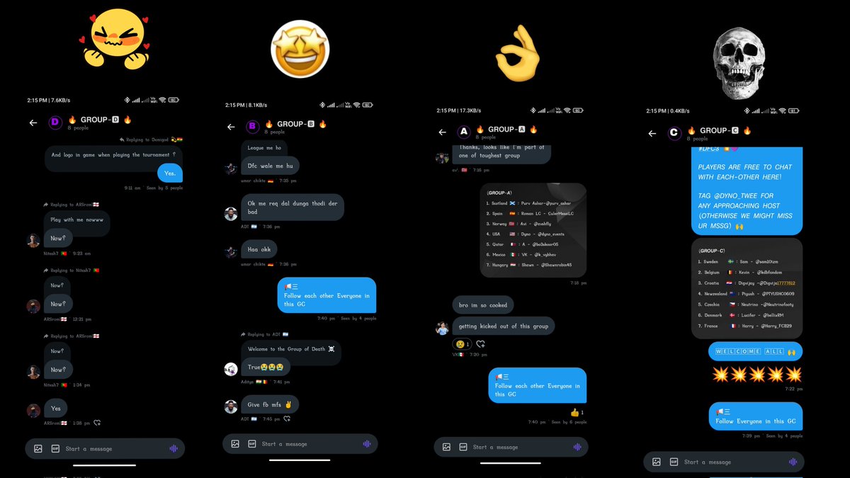 dyno_twee's tweet photo. Atmosphere rn one day before #DFC3 ๐
Group D: "oho raha nhi jata"
Group B: "chaliye shuru karte hain"
Group A: "alright bro.. alright"
Group C: " hum kaha hain.. ye sab kya ho rha hai " https://t.co/QejaoKqOQE