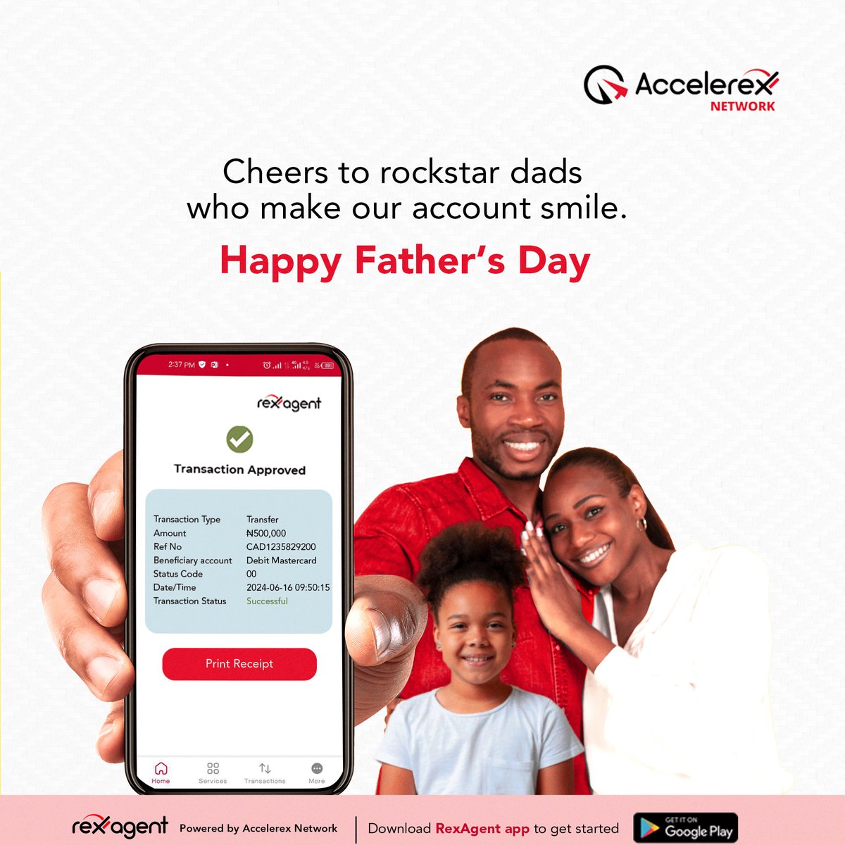 AccelerexN's tweet photo. We celebrate fathers for their love, strength, care, sacrifices, and more. Thank you for being a financial backbone and everyday support system.

Happy Father’s Day❤️

#Accelerex
#AccelerexNetwork
#RexAgent
#Fathersday https://t.co/Suh7GLXPwa