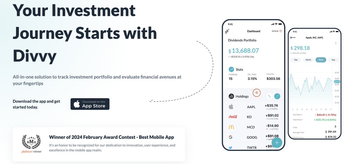 DivvyAppCo's tweet image. Ready to take control of your stock market portfolio? Use Divvy to track your investments effortlessly! Sign up now and enjoy a 2-week free trial on our monthly premium plans. Plus, get 15% off on yearly premium plans! Start your journey with Divvy today! 🚀