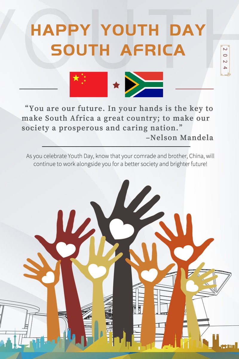 AmbWuPeng's tweet photo. Happy #YouthDay2024, Mzansi! As you celebrate this important day, know that your comrade and brother, China, will continue to work alongside you for a better society and brighter future!
#SAChineseUnity https://t.co/GspaQSudlo
